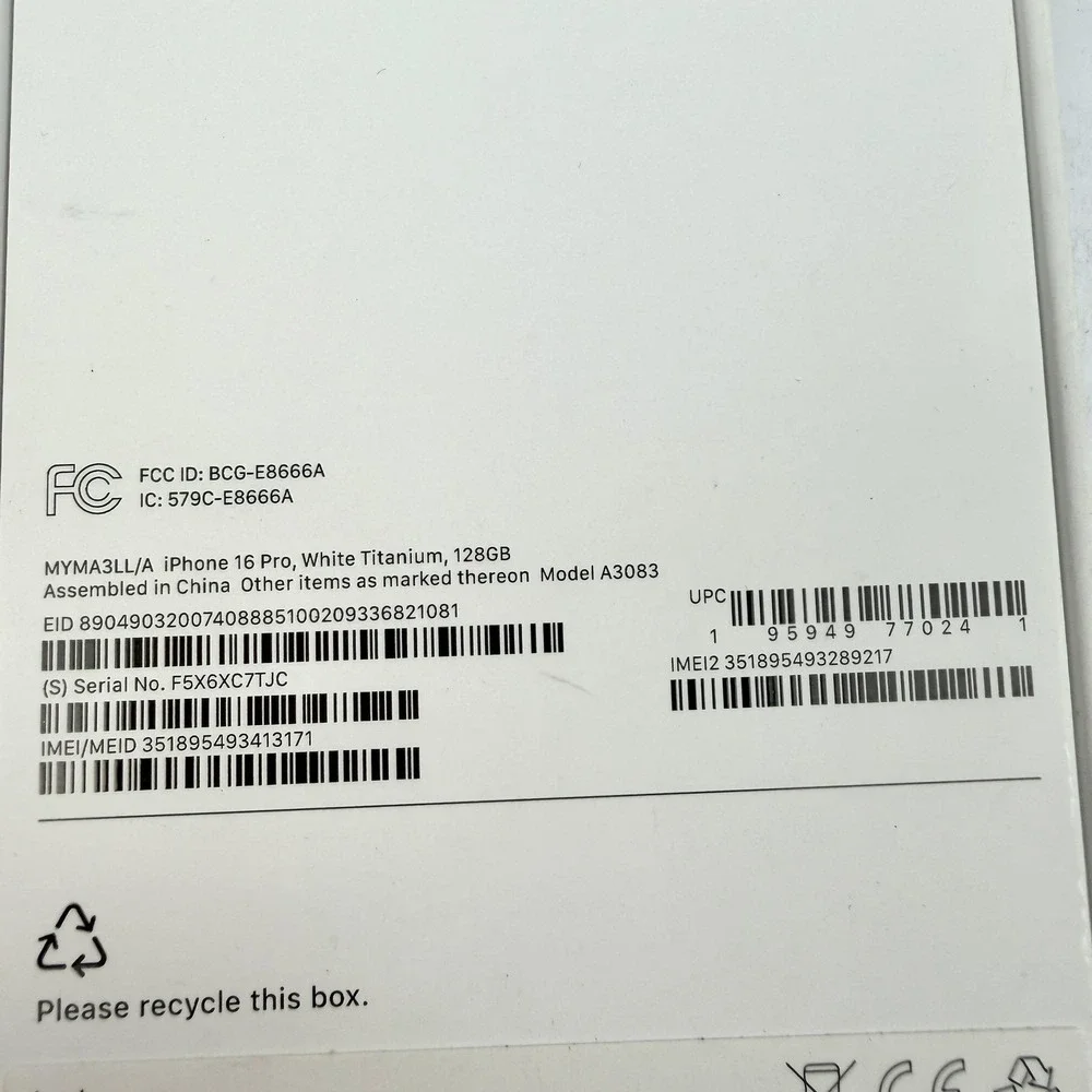 Apple IPhone 16 Pro Box Only‎ 128GB White Titanium MYMA3LL/A Empty Retail